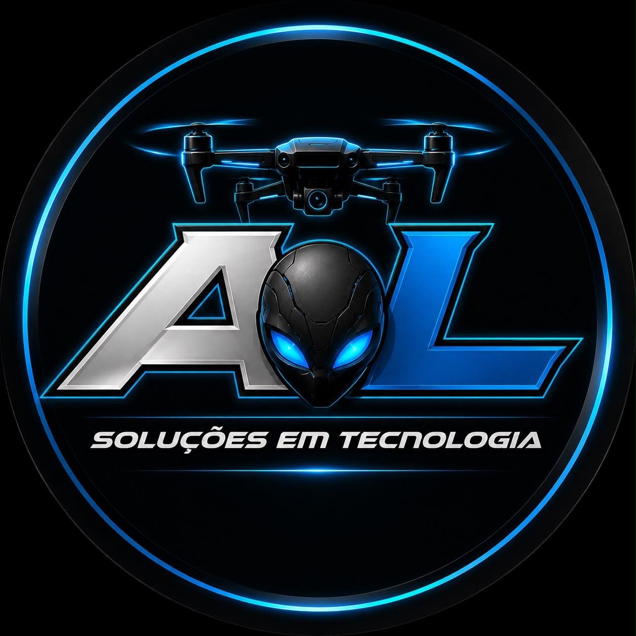 Marca AL com drone e identidade azul sobre fundo preto
